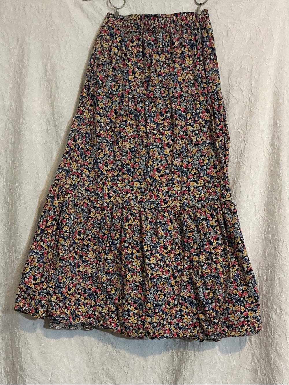 Old Navy Navy Floral Tiered Maxi Skirt with Pink Yellow and Cream Flowers 4x